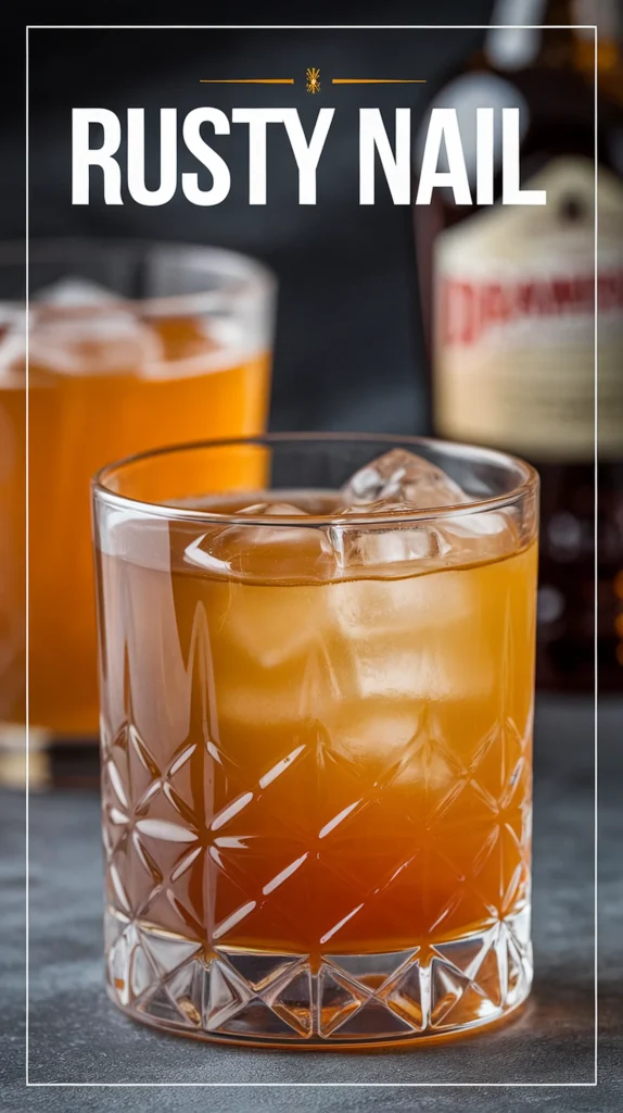 Rusty Nail cocktail in a crystal glass with ice, showcasing its warm amber color against a dark background.