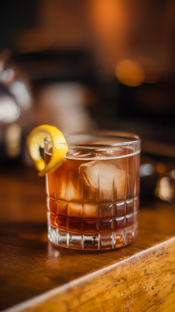 A whiskey cocktail with ice, garnished with a lemon twist, served in a glass on a wooden bar counter.