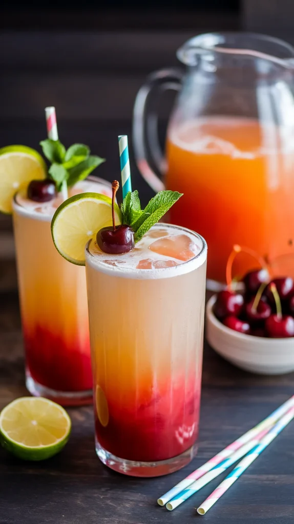 Refreshing tropical cocktail with lime, cherry, and mint garnish on a dark wood table. Perfect summer drink setting.