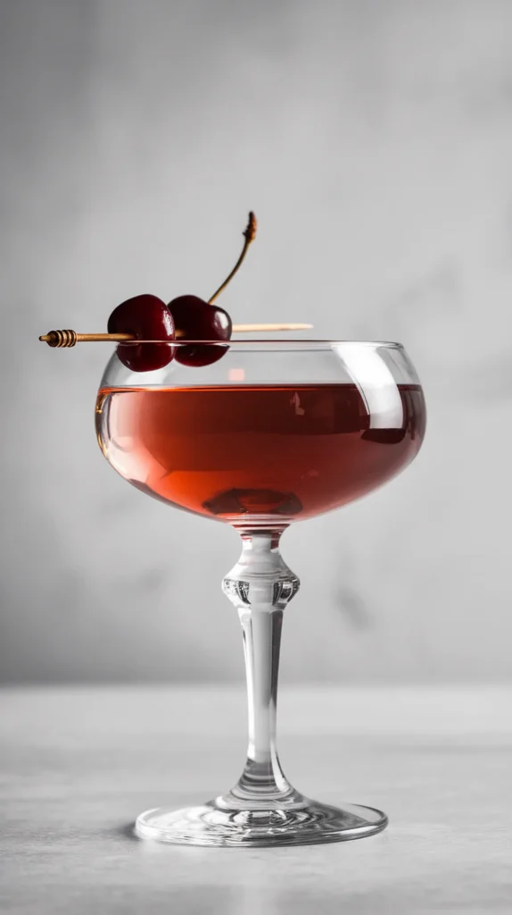 Elegant cocktail in glass with cherry garnish on skewer, minimalist background. Perfect for parties and events.