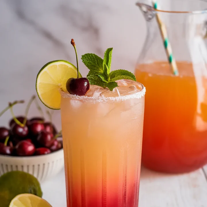 Refreshing cherry lime mocktail with mint garnish in a glass with ice, surrounded by cherries and lime slices.