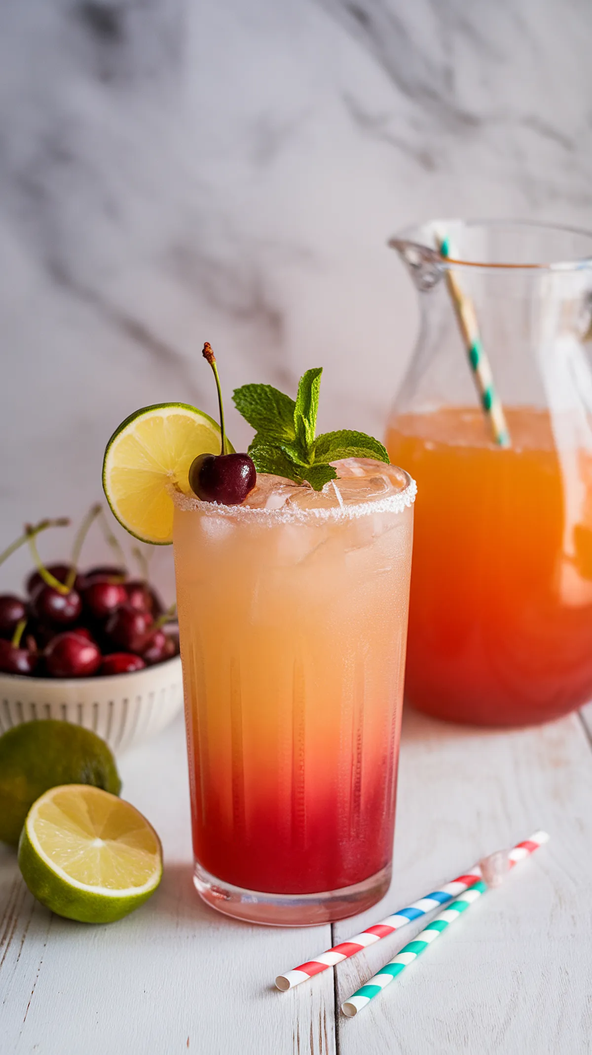 Refreshing cherry lime mocktail with mint garnish in a glass with ice, surrounded by cherries and lime slices.