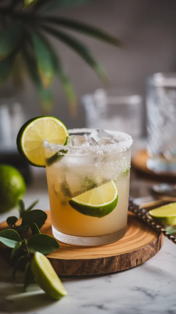 Refreshing margarita with lime and ice, in a glass with a salted rim, on a wooden coaster.