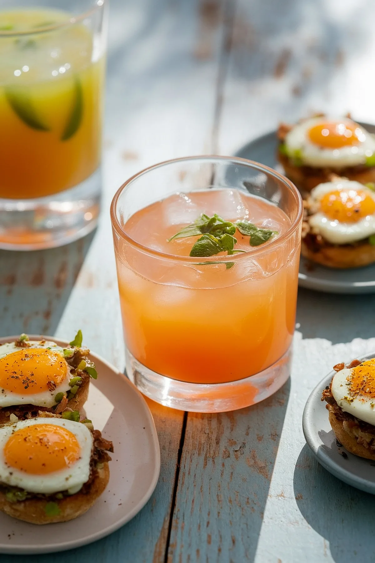 best brunch mocktail ideas. Refresh with sunny side-up appetizers and vibrant cocktails on a rustic table.