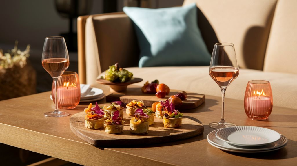 Elegant appetizers and rosé wine on a wooden table beside cozy seating, perfect for a stylish evening gathering.