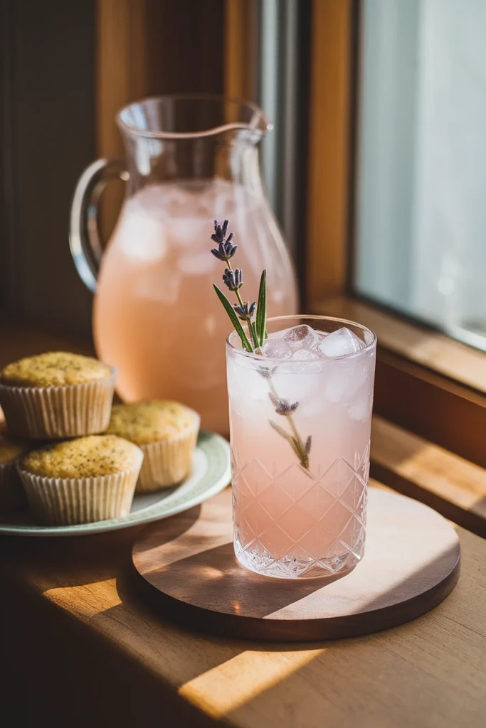 Iced pink lavender lemonade with fresh sprig, muffins, and pitcher on a sunny wooden table near a window.
