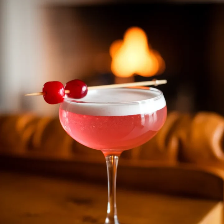 Elegant pink cocktail with cherry garnish in a glass, set against a cozy fireplace background.