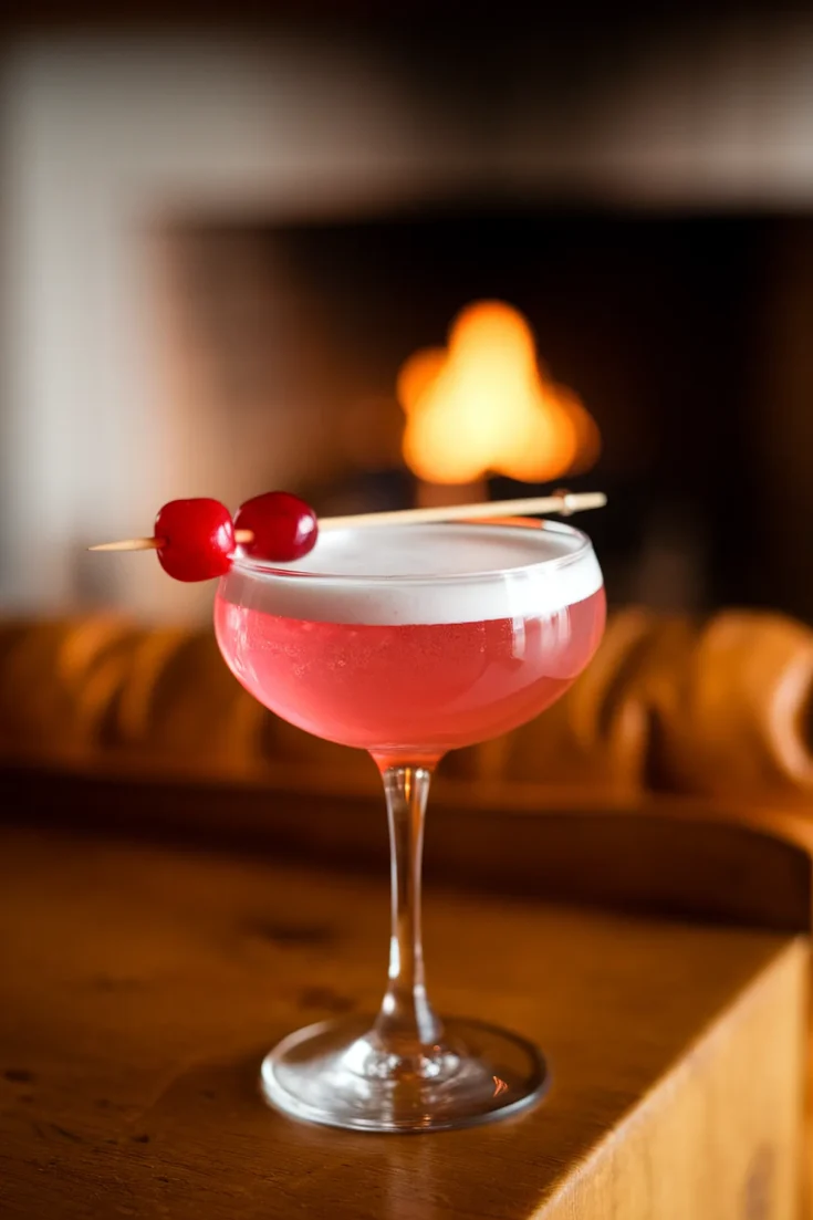 Elegant pink cocktail with cherry garnish in a glass, set against a cozy fireplace background.
