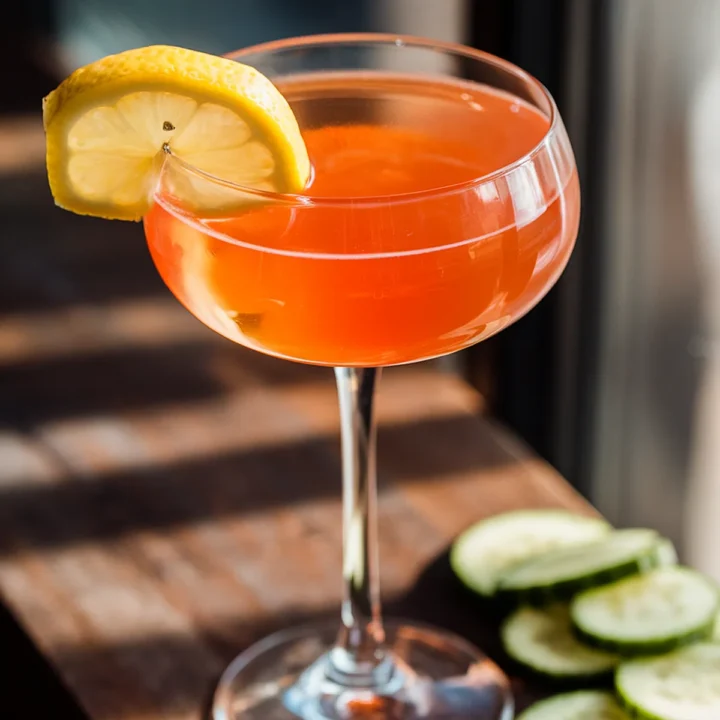 Elegant orange cocktail with lemon slice garnish on a wooden table, accompanied by sliced cucumbers.