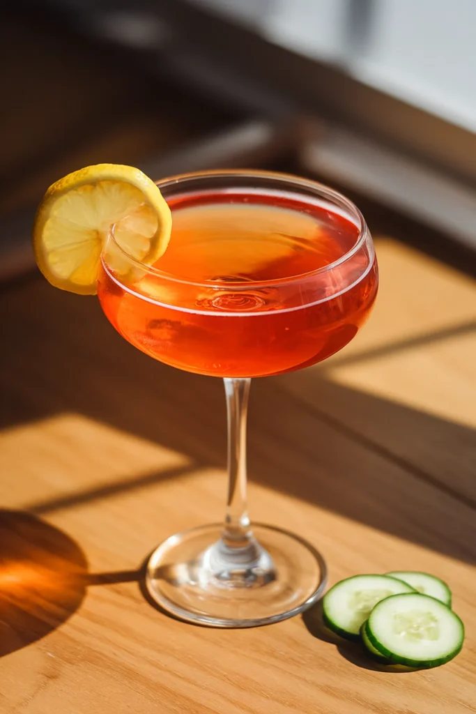 Elegant orange cocktail in a coupe glass garnished with a lemon slice, with cucumber slices on a wooden table.