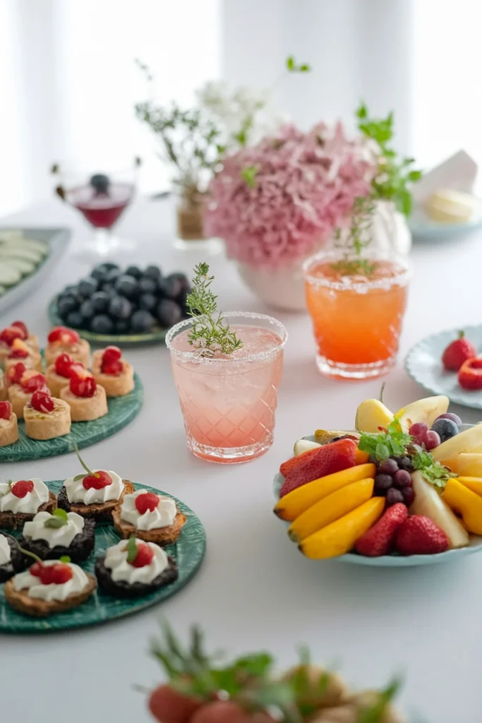 Bacherolette party food and drinks. Festive brunch table with fruit platters, assorted canapés, and pink cocktails garnished with greenery.