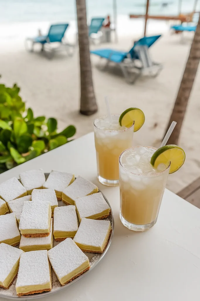 bachelorette party food and drinks. Refreshing lime drinks and lemon bars on a beachside table, with sun loungers and ocean view in the background.