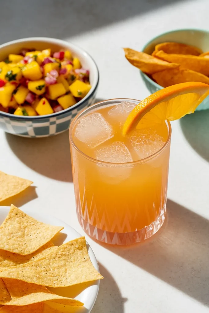 Chilled orange cocktail with ice, served with tortilla chips and vibrant mango salsa in natural lighting.