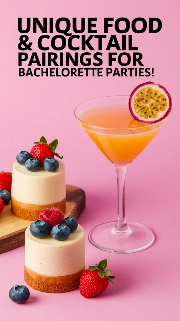 Cocktail and berry-topped desserts on pink for bachelorette party food pairing ideas.