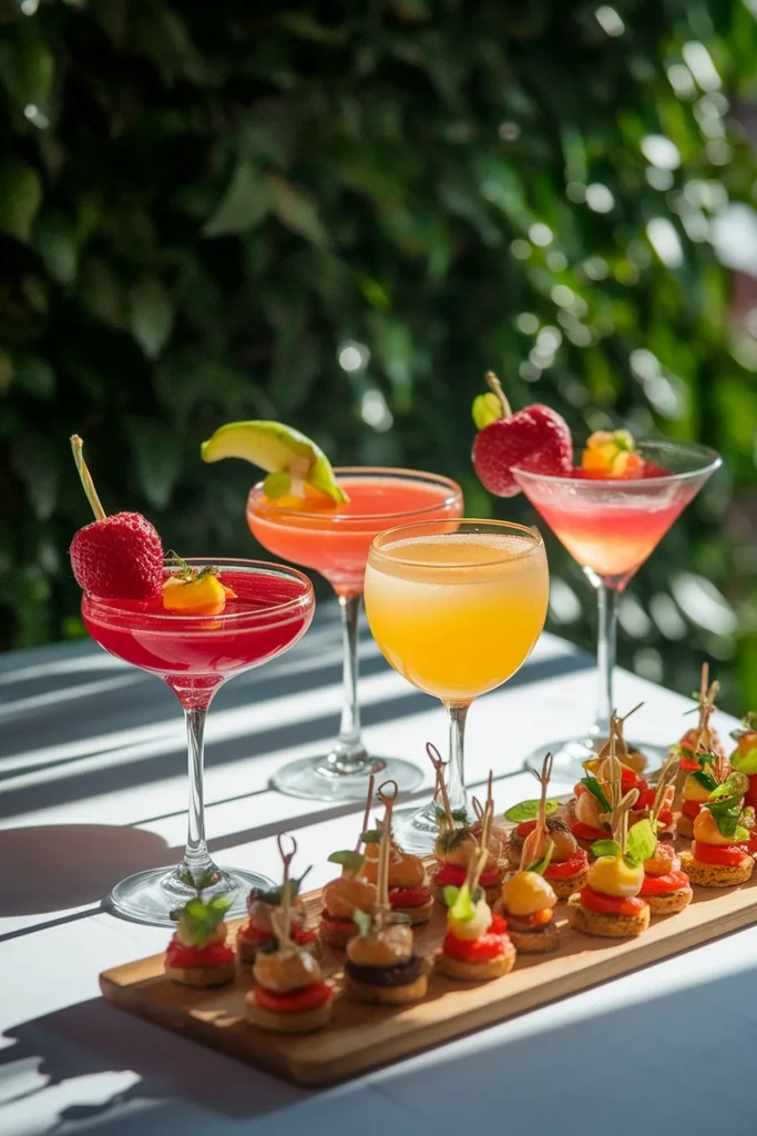 Bacherolette party food and drinks. Colorful cocktails and appetizers on a wooden board with a lush green background, perfect for a summer party.