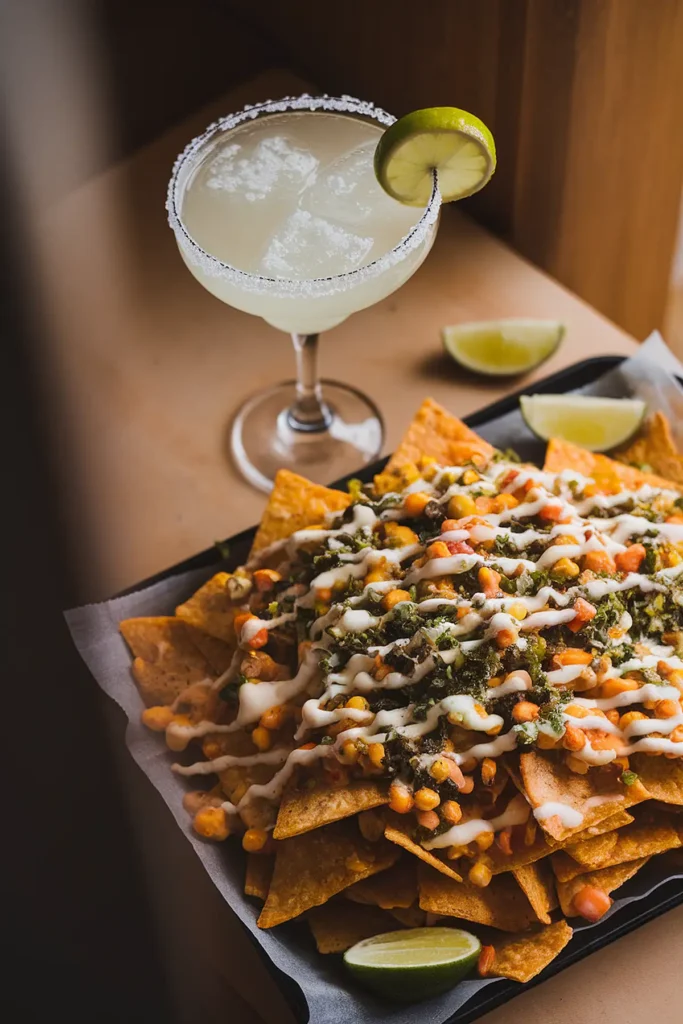 Plate of loaded nachos with cheese, beans, and greens next to a salted margarita garnished with lime.