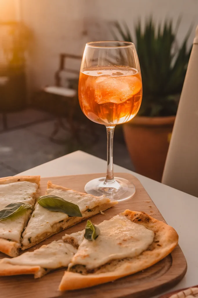 Glass of aperol spritz with ice and slices of cheesy pizza topped with basil on a sunny patio.
