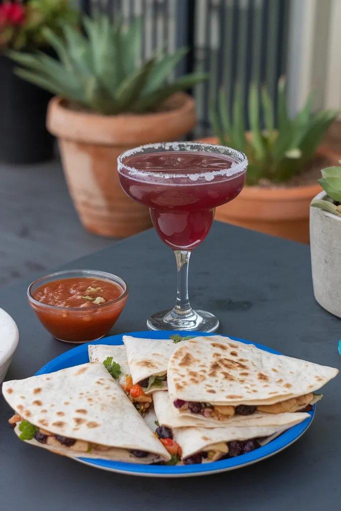 Quesadillas and salsa on a table with a refreshing red margarita, perfect for a delicious outdoor dining experience.
