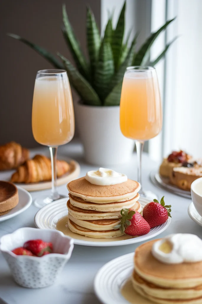 Pancake stack with strawberries and mimosas, perfect for a delicious brunch setting with a fresh, elegant vibe.