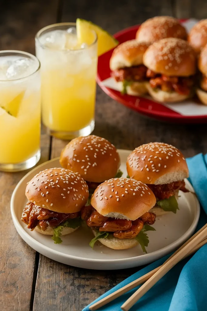 Mini burgers with sesame buns and drinks on a wooden table with a blue napkin for a casual meal setting.
