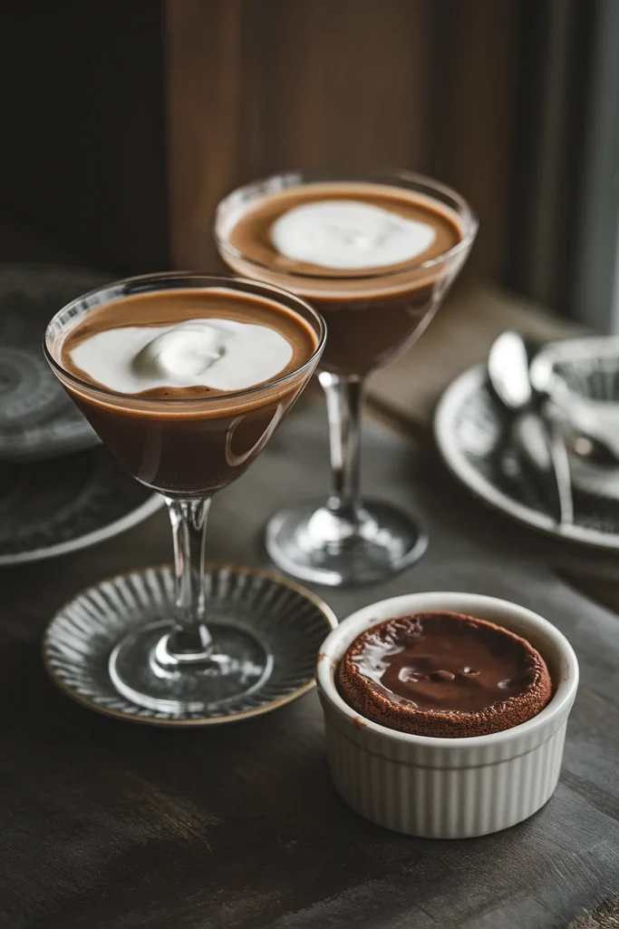 Chocolate mousse in glasses with whipped cream and a chocolate soufflé on a gray table for a sweet dessert moment.