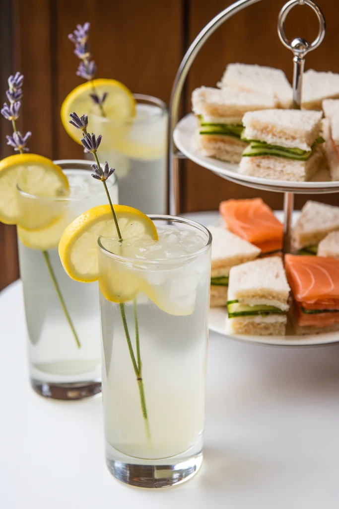 Lemonade with lavender and a tiered tray of cucumber and salmon sandwiches on a white table.