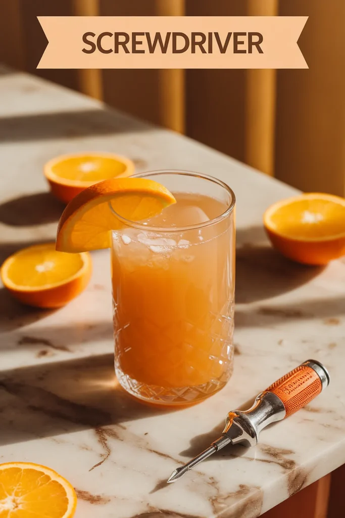Glass of screwdriver cocktail with orange slice on marble table, surrounded by fresh oranges and a screwdriver tool.