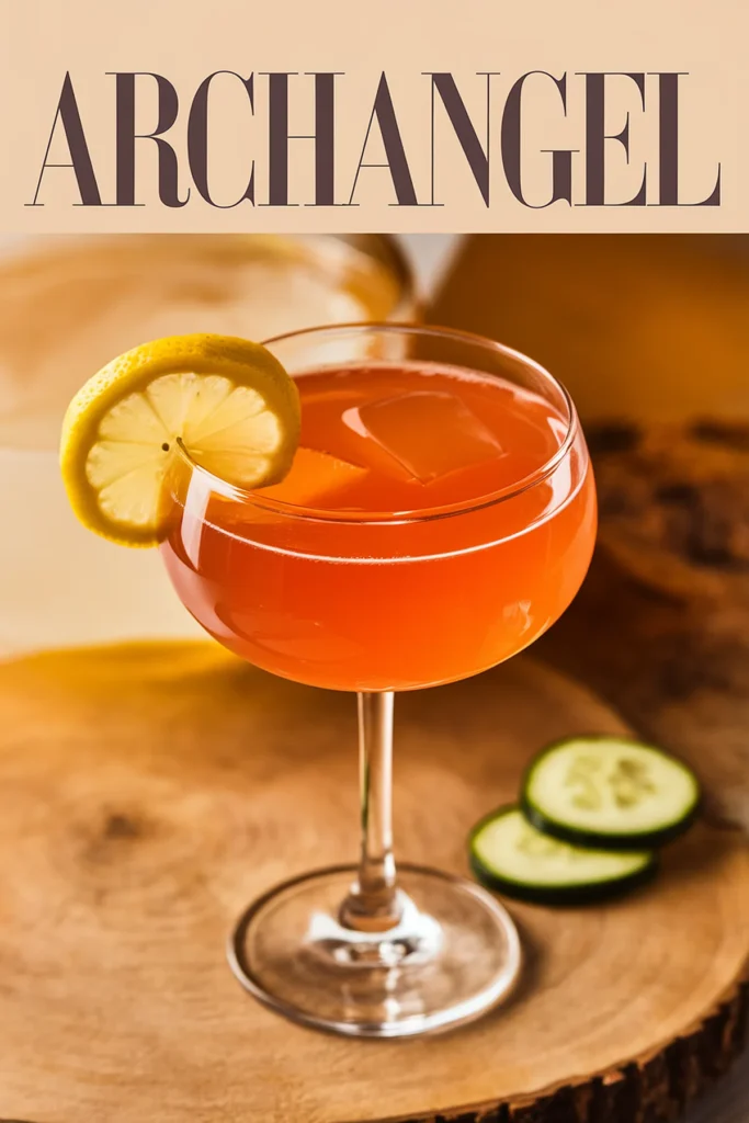 Elegant Archangel cocktail with lemon garnish in a coupe glass on a wooden surface, accompanied by cucumber slices.