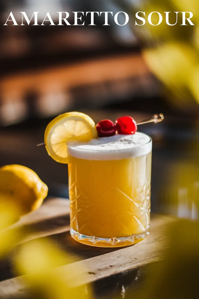 Amaretto Sour cocktail garnished with lemon slice and cherries on a wooden table in warm lighting.