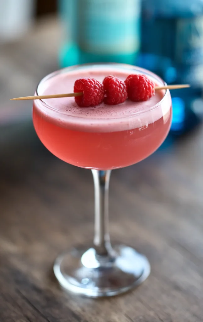 Refreshing pink cocktail with fresh raspberries garnish in a glass on a wooden table.