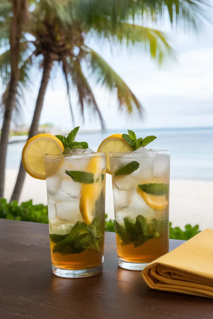 Refreshing iced tea with lemon and mint on a beachside table under palm trees.