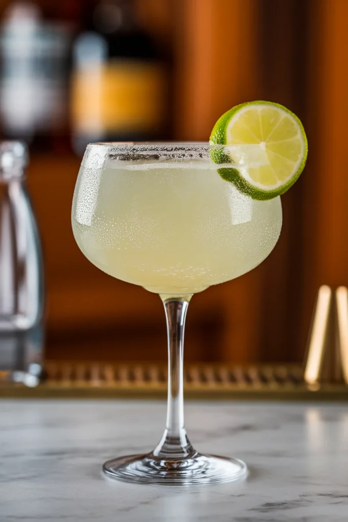 Refreshing margarita cocktail with lime garnish on a marble bar countertop.