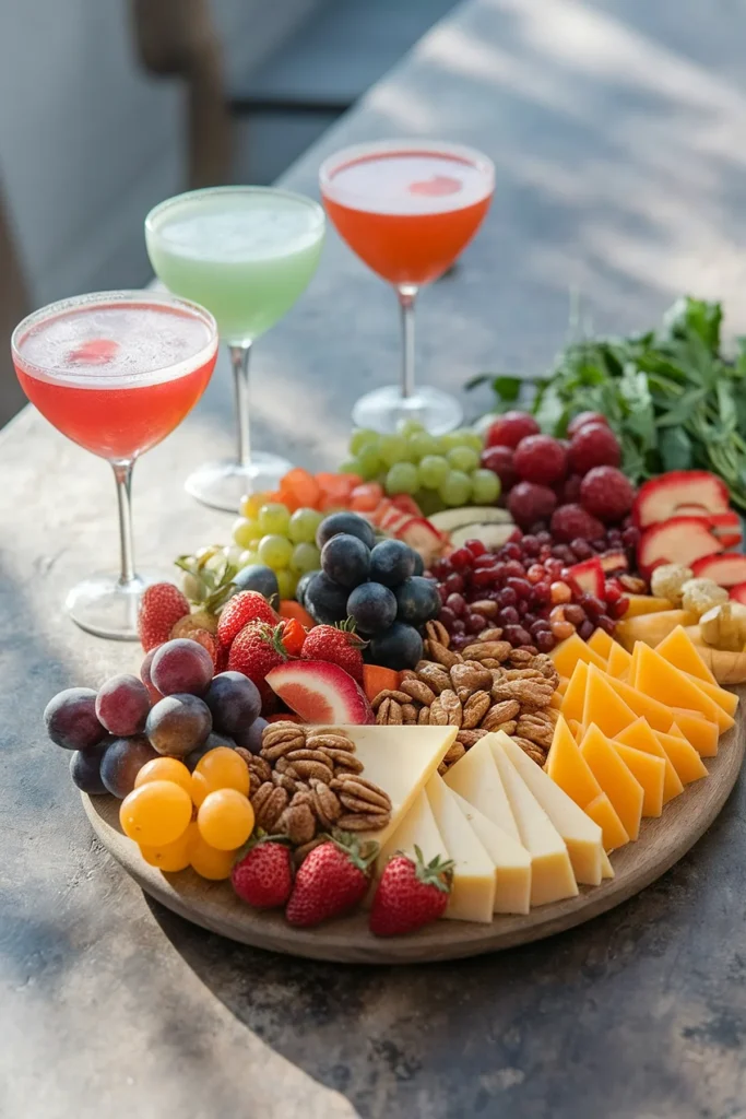 Cheese and fruit platter with grapes, strawberries, nuts, and cocktails on a table.