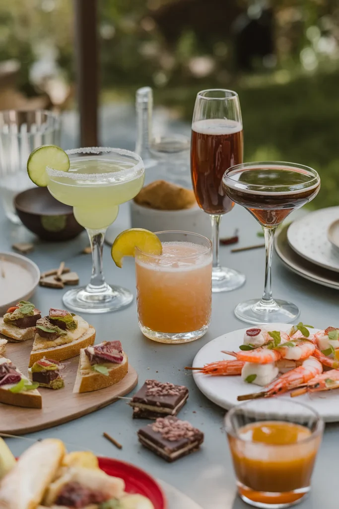 Assorted cocktails with appetizers on a table, featuring drinks and seafood skewers in a garden setting.