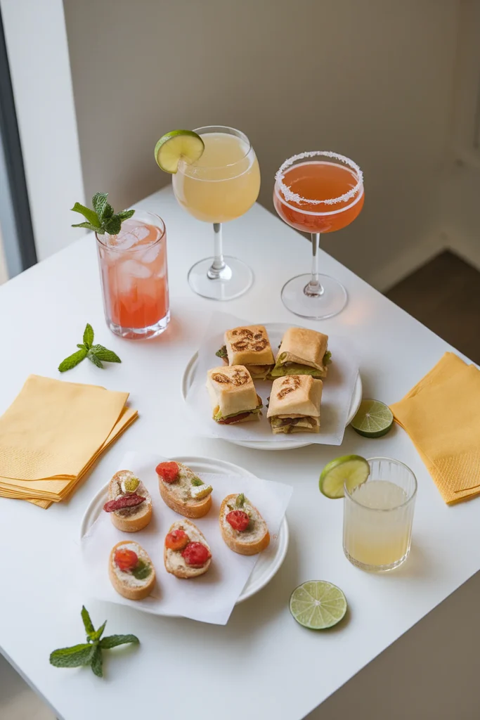 Assorted appetizers and cocktails on a white table with garnishes, perfect for a social gathering or party setting.