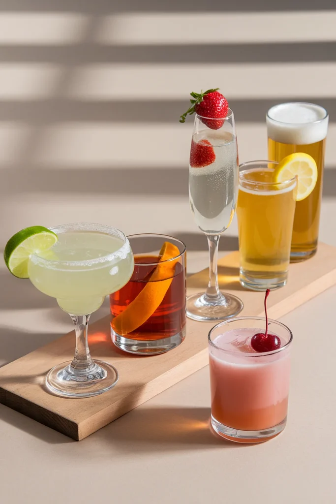 Assorted cocktails on wooden board with fruits: lime, orange, strawberry, lemon, and cherry garnishes, on beige background.