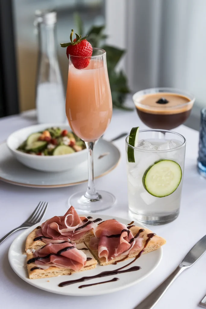 Brunch setting with cocktails, prosciutto-topped flatbread, salad, and espresso martini on a white tablecloth.