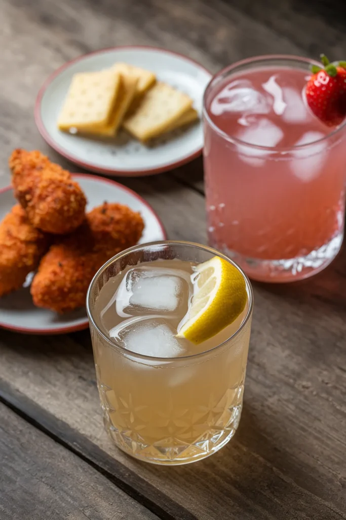 Refreshing cocktails and delicious appetizers on a wooden table, featuring lemonade with ice and savory bites.
