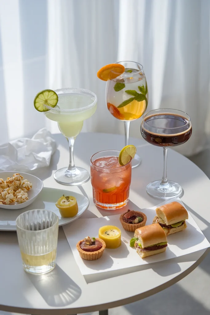 Food and drink pairing formulas. Assorted cocktails and gourmet appetizers on a sunlit table, including mini burgers, tarts, and popcorn.