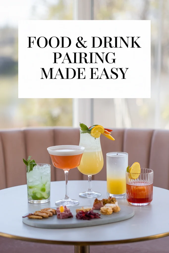 Elegant cocktail and appetizer pairing on a table, captioned Food & Drink Pairing Made Easy.
