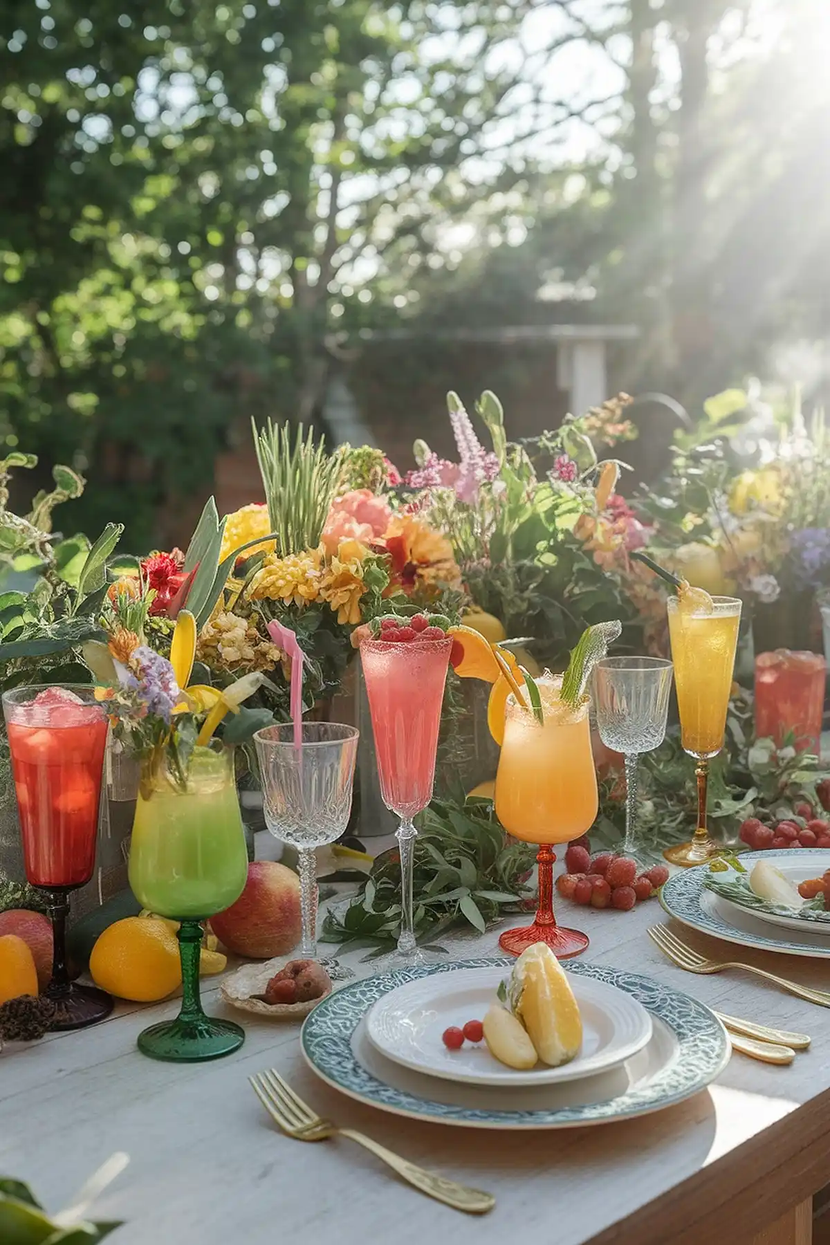 Food mocktail pairing ideas for family gathering. Colorful outdoor brunch table with vibrant cocktails, fresh fruit, and lush flower centerpiece.