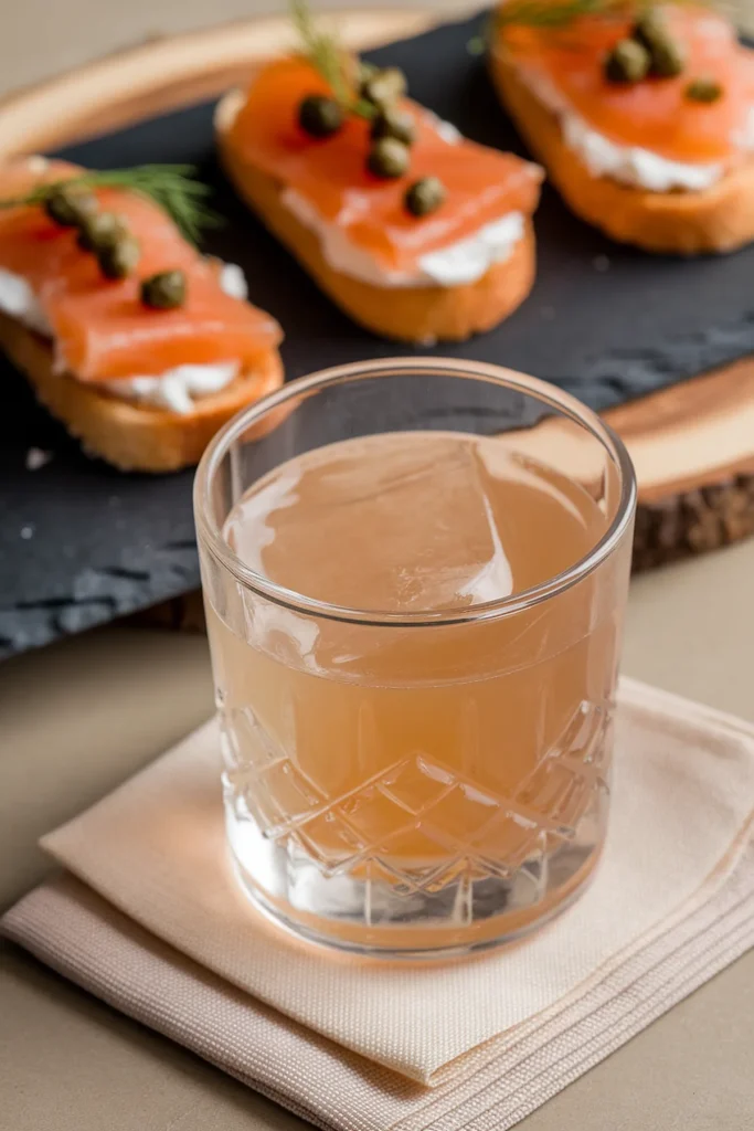 Whiskey food pairing ideas. Cocktail in a glass with smoked salmon bruschetta on a slate board, garnished with capers and dill.