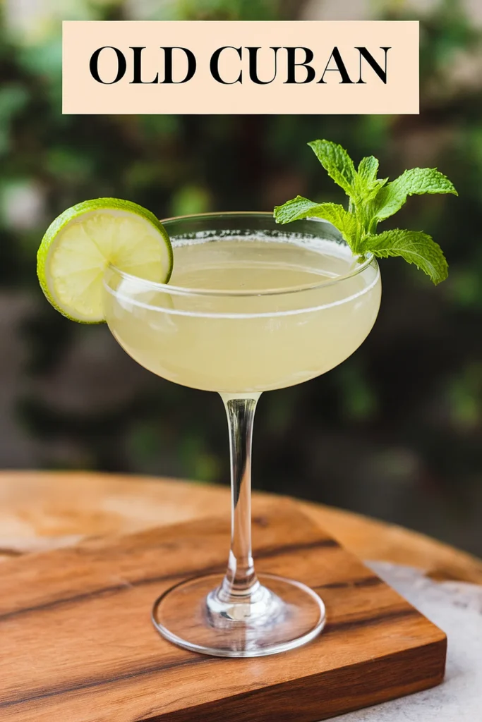 Elegant Old Cuban cocktail with lime and mint garnish on wooden board.
