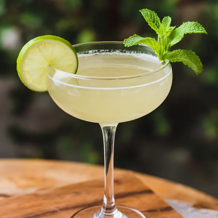 Elegant Old Cuban cocktail with lime and mint garnish on wooden board.