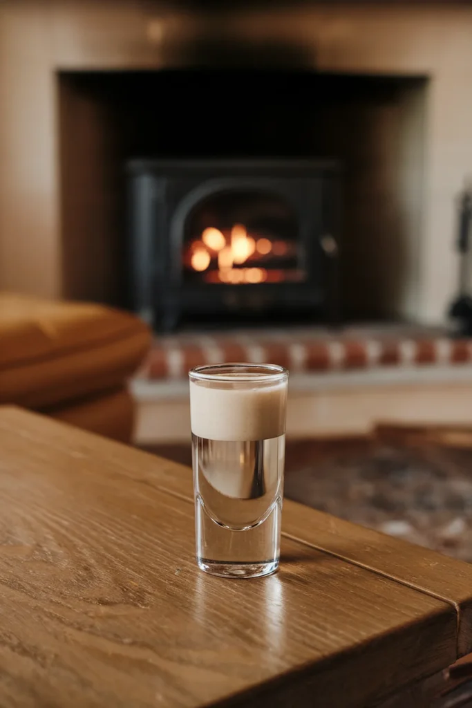 Delightful Slippery Nipple Cocktail Recipe Shot glass on wooden table with fireplace in background, creating a cozy atmosphere. slippery nipple