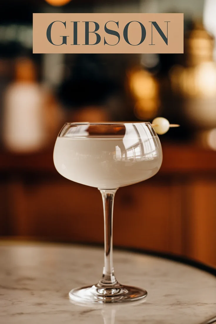 Elegant Gibson cocktail in a coupe glass with a pearl onion garnish on marble table.