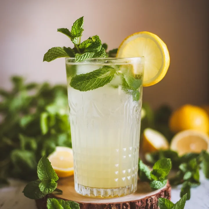 Refreshing lemonade with mint and lemon slice in a glass, perfect summer drink on a wooden coaster.