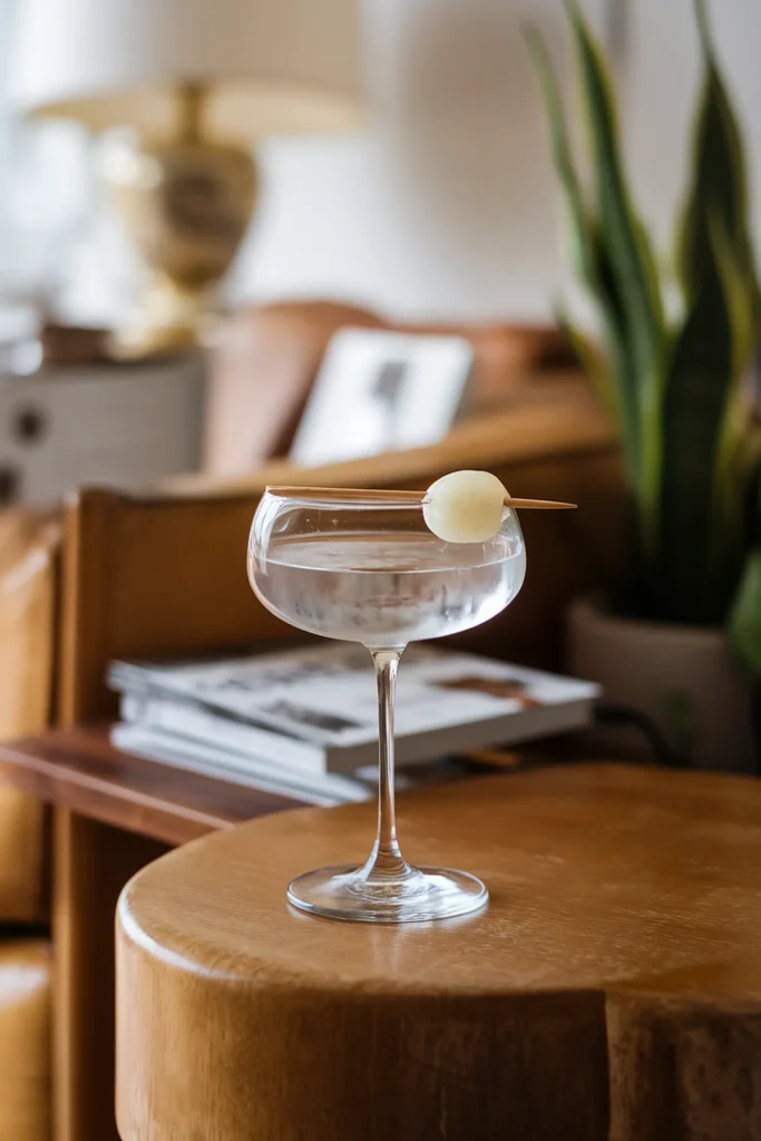 Classy cocktail in a coupe glass garnished with an olive, placed on a wooden table in a cozy living room setting.
