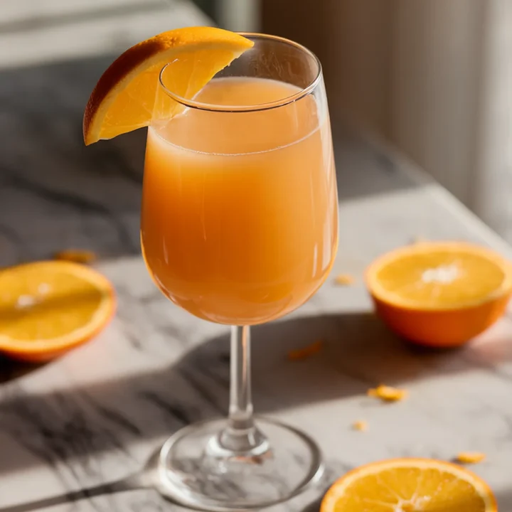 Fresh orange juice in a glass with an orange slice on marble countertop, surrounded by sliced oranges.