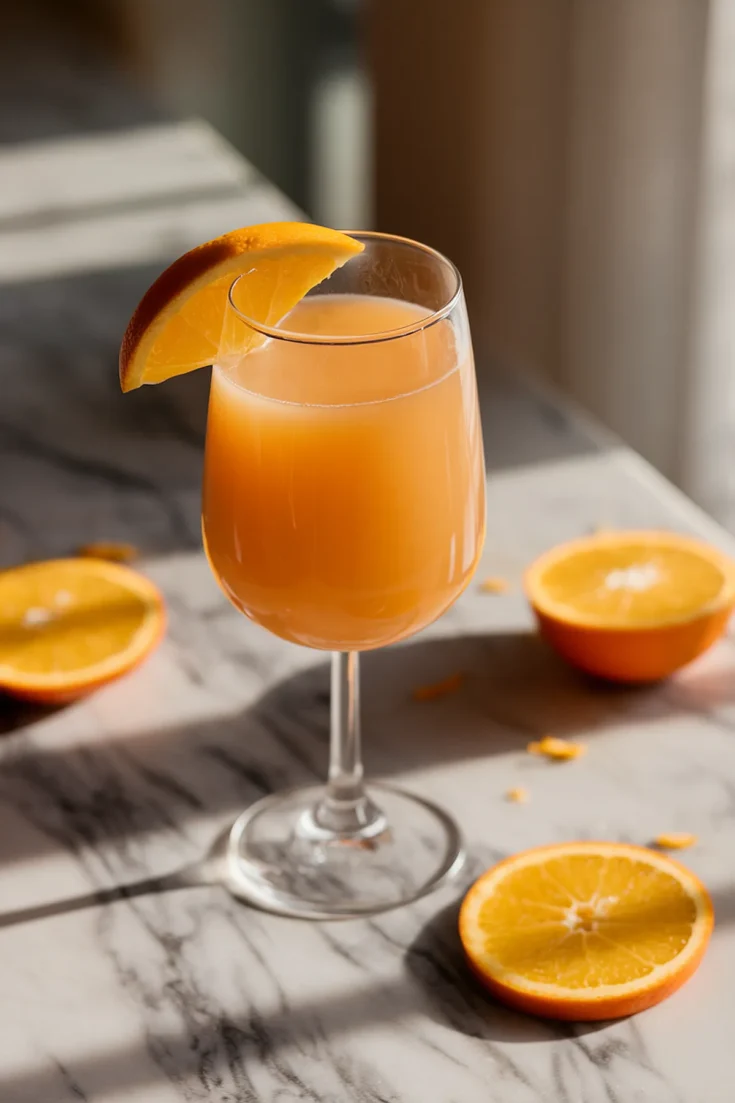 Fresh orange juice in a glass with an orange slice on marble countertop, surrounded by sliced oranges.